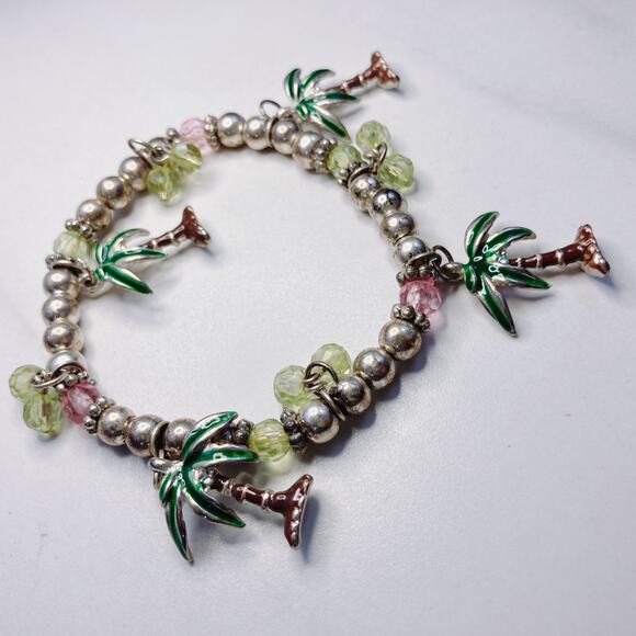 VTG Silver-Plated Y2K Charm Bracelet, Tropical Enamel Palm Trees Plastic Beads - Picture 2 of 6